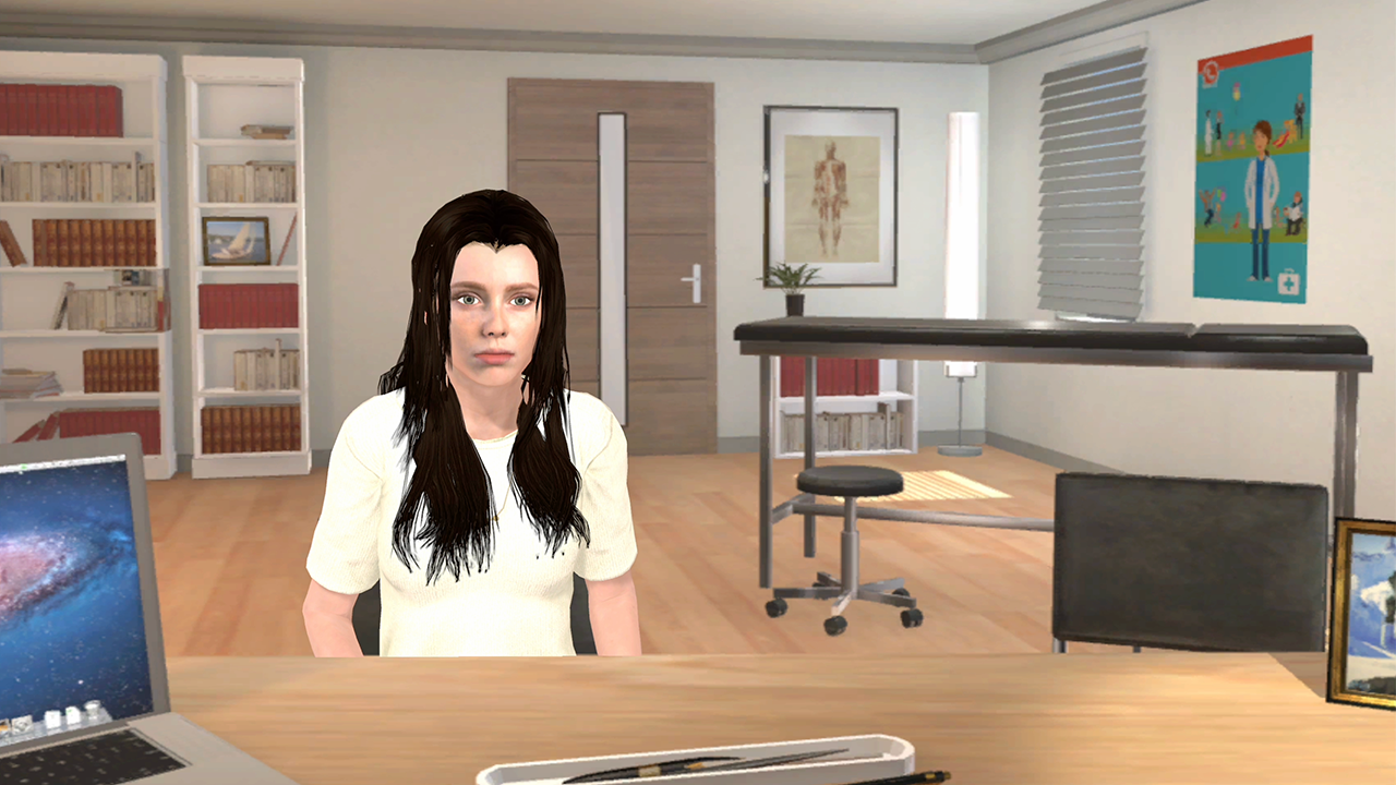 Photo du simulateur numérique Culture du doute 2 l Module 2 présentant la jeune femme atteinte d'un trouble d'origine neurologique durant son examen neurologique