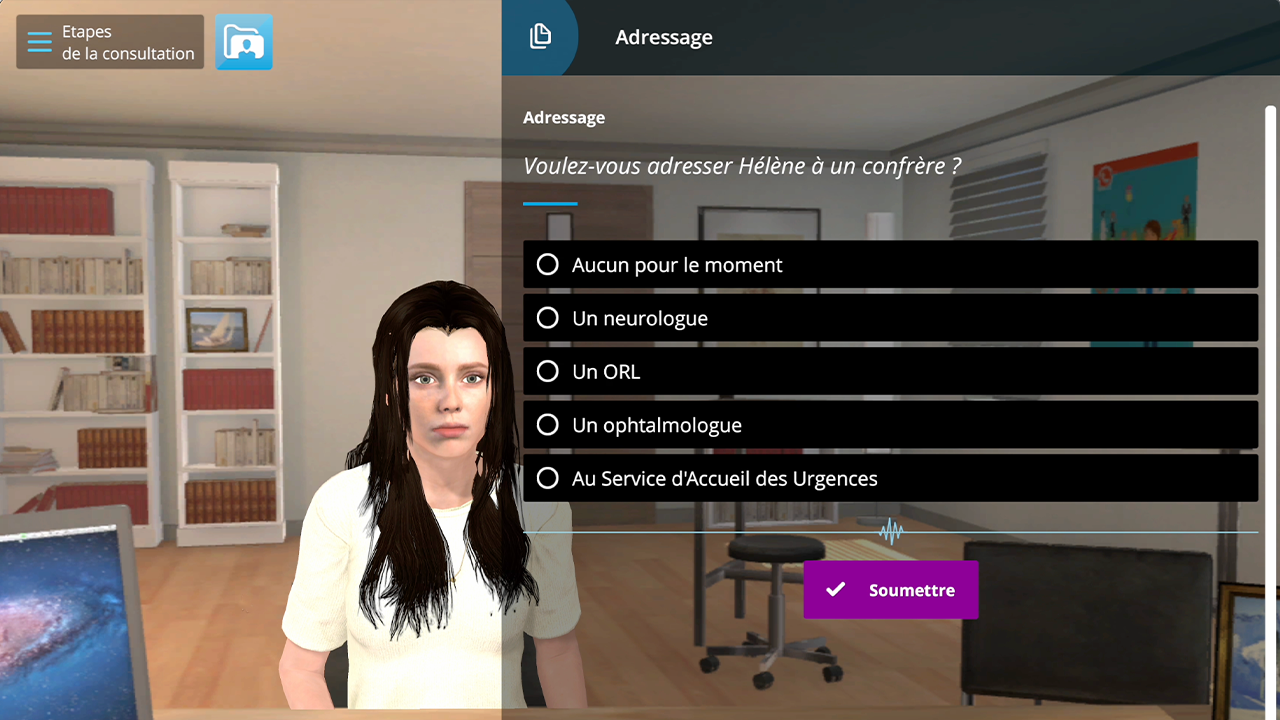 Photo du simulateur numérique Culture du doute 2 l Module 2 représentant la jeune femme atteinte d'un trouble d'origine neurologique durant son examen clinique