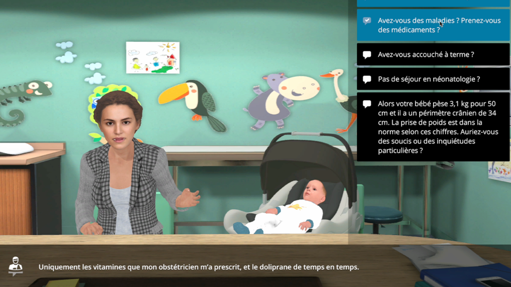Photo du simulateur numérique Culture du doute 1 l Module 1 représentant les questions posé par le médecin à la maman